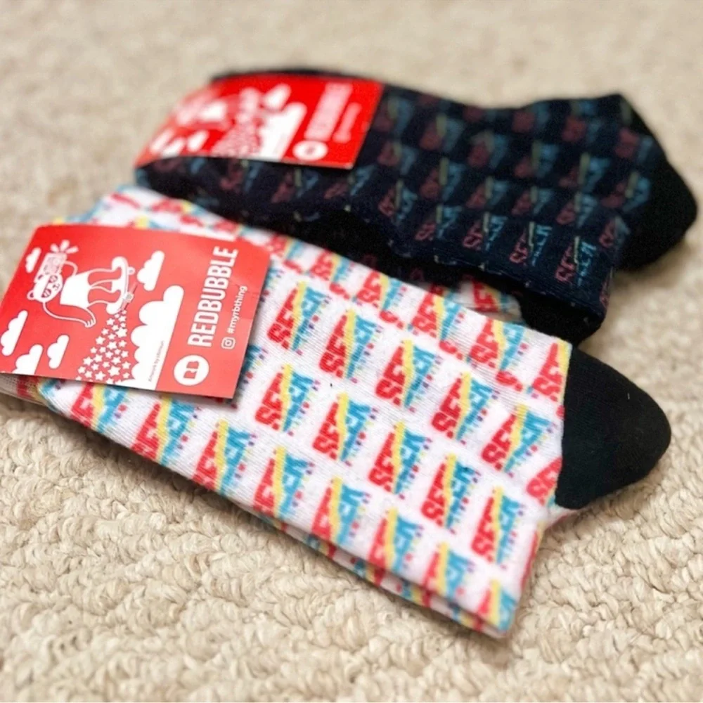 3/$19 NWT Bundle of 2 pair Yes Theory Seek Discomfort all over logo crew socks